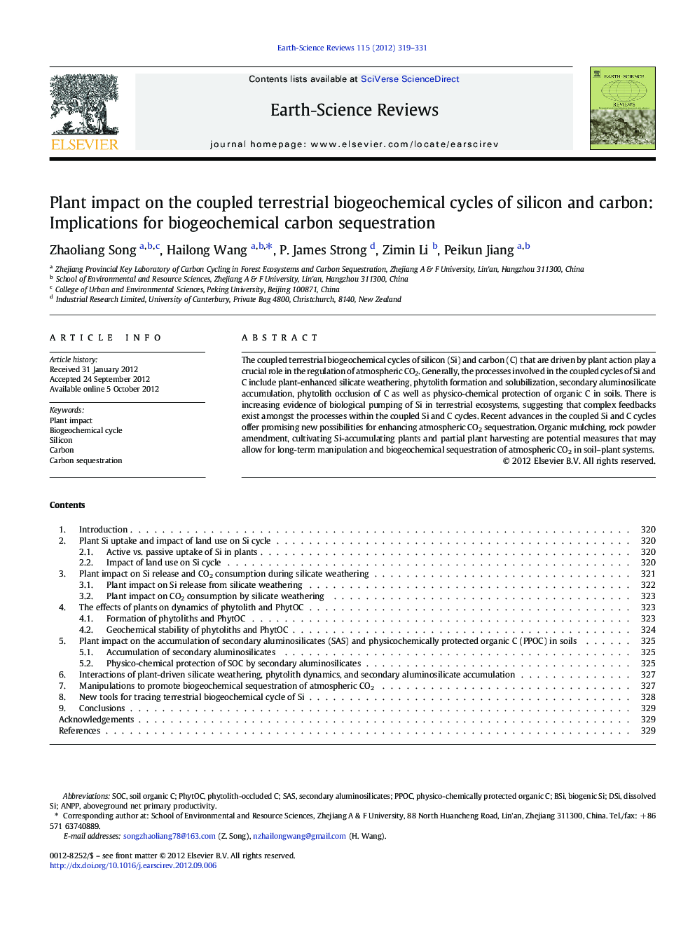 Plant impact on the coupled terrestrial biogeochemical cycles of silicon and carbon: Implications for biogeochemical carbon sequestration