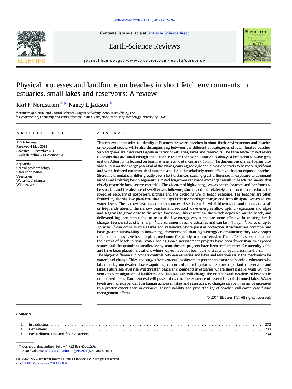 Physical processes and landforms on beaches in short fetch environments in estuaries, small lakes and reservoirs: A review