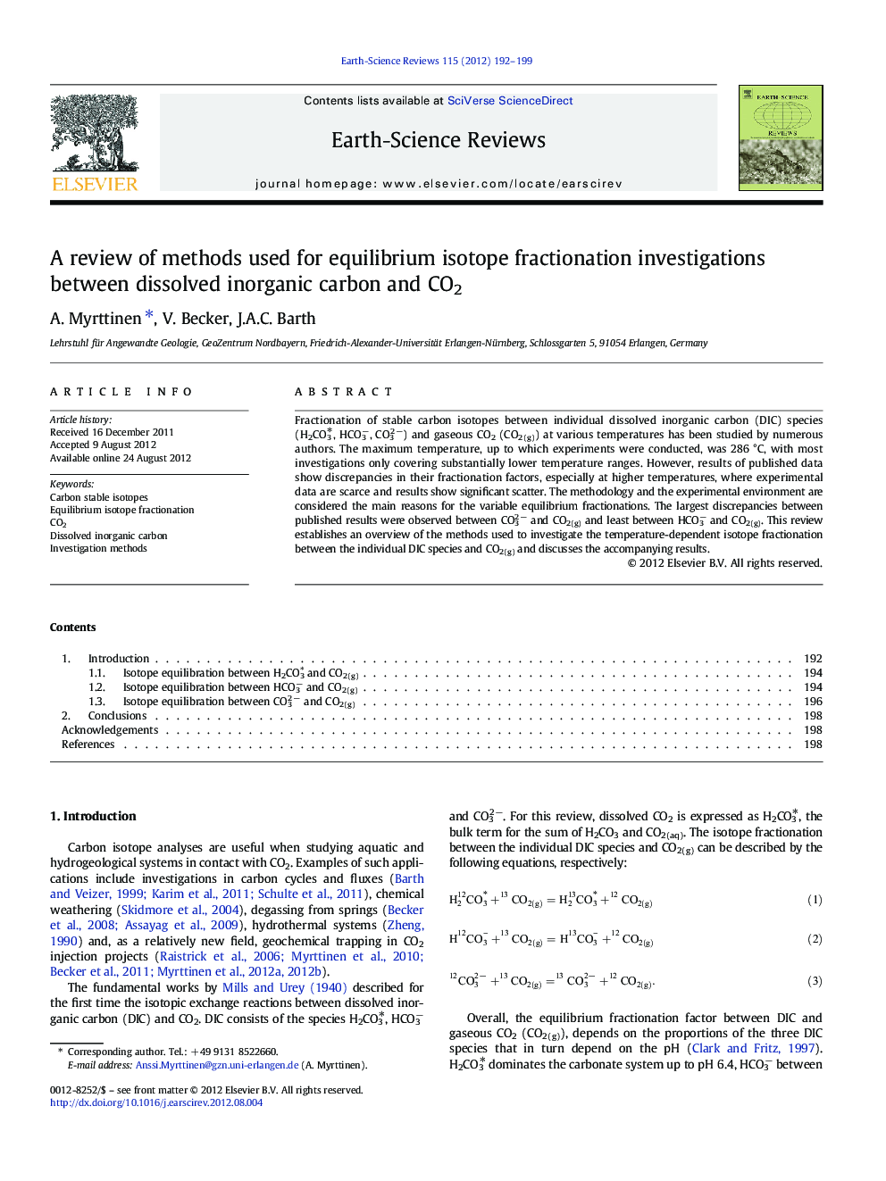 A review of methods used for equilibrium isotope fractionation investigations between dissolved inorganic carbon and CO2