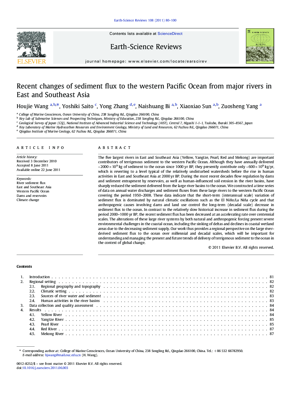 Recent changes of sediment flux to the western Pacific Ocean from major rivers in East and Southeast Asia