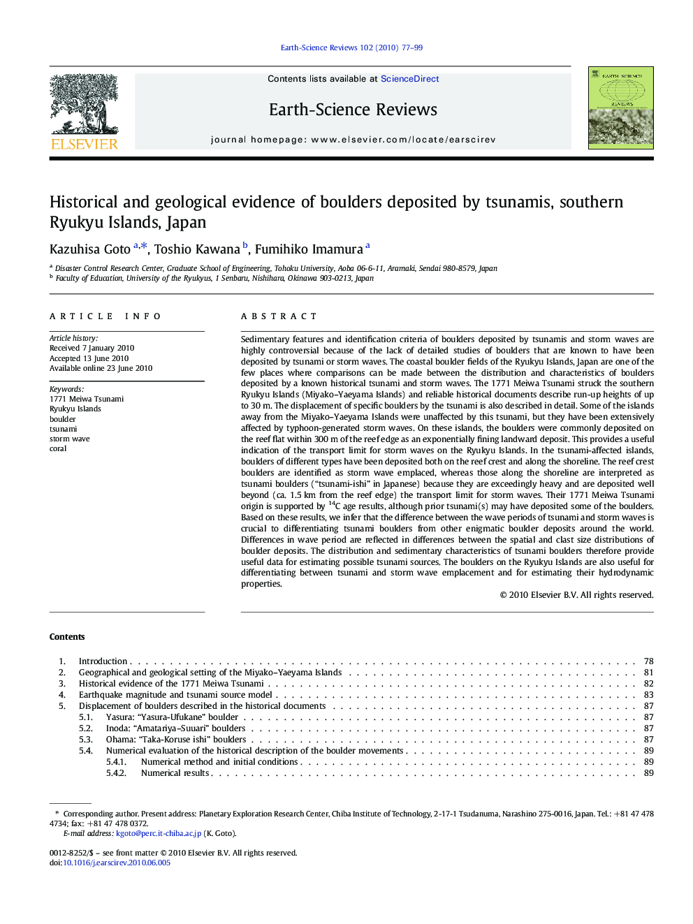 Historical and geological evidence of boulders deposited by tsunamis, southern Ryukyu Islands, Japan