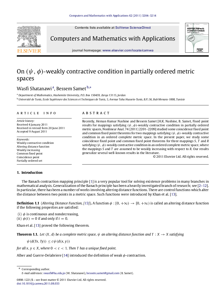 On (ψ,ϕ)(ψ,ϕ)-weakly contractive condition in partially ordered metric spaces