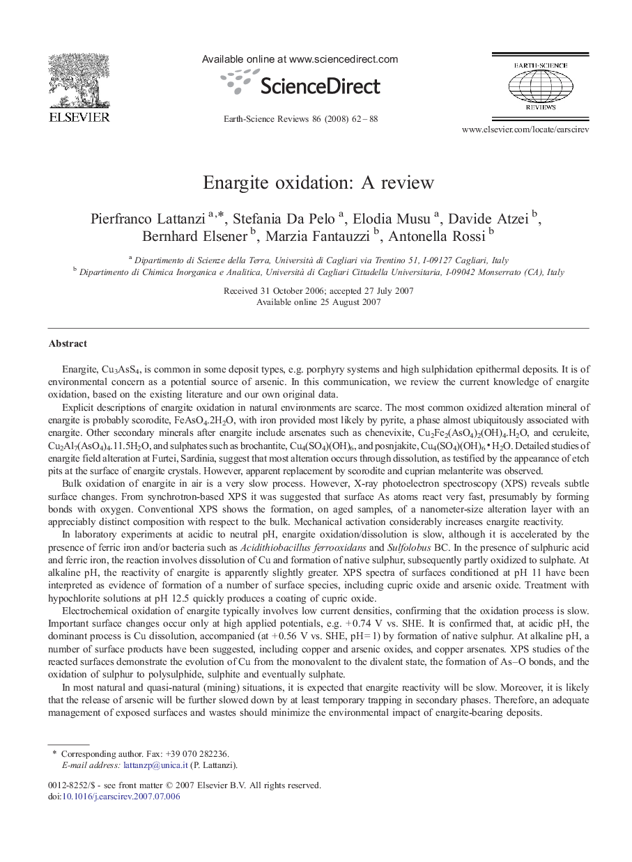 Enargite oxidation: A review