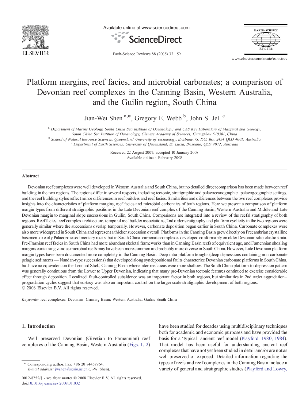 Platform margins, reef facies, and microbial carbonates; a comparison of Devonian reef complexes in the Canning Basin, Western Australia, and the Guilin region, South China