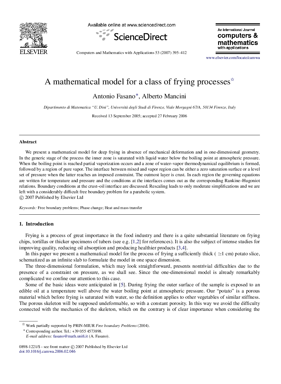 A mathematical model for a class of frying processes 