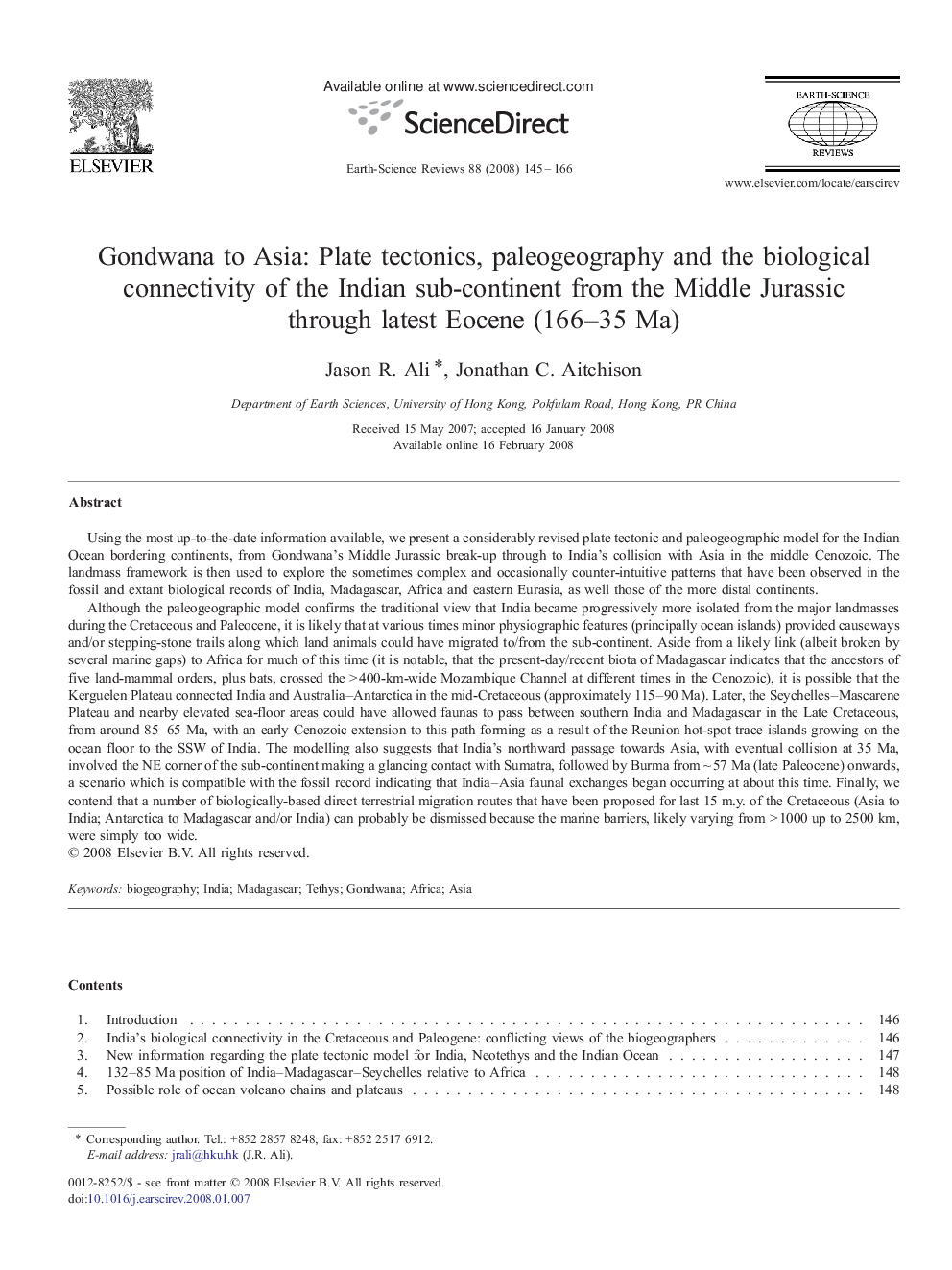 Gondwana to Asia: Plate tectonics, paleogeography and the biological connectivity of the Indian sub-continent from the Middle Jurassic through latest Eocene (166–35 Ma)