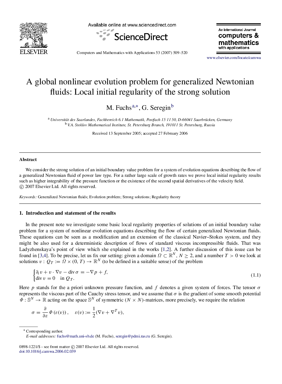 A global nonlinear evolution problem for generalized Newtonian fluids: Local initial regularity of the strong solution