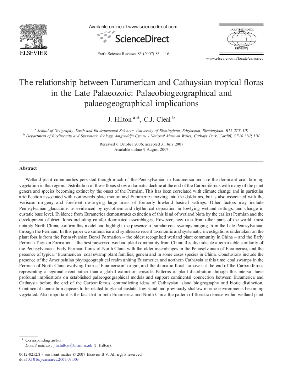 The relationship between Euramerican and Cathaysian tropical floras in the Late Palaeozoic: Palaeobiogeographical and palaeogeographical implications