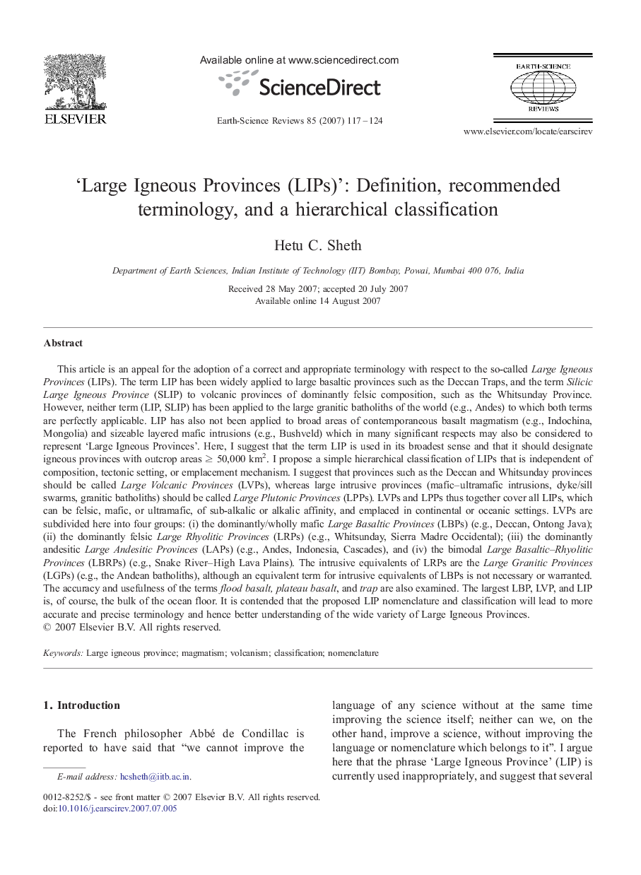 ‘Large Igneous Provinces (LIPs)’: Definition, recommended terminology, and a hierarchical classification