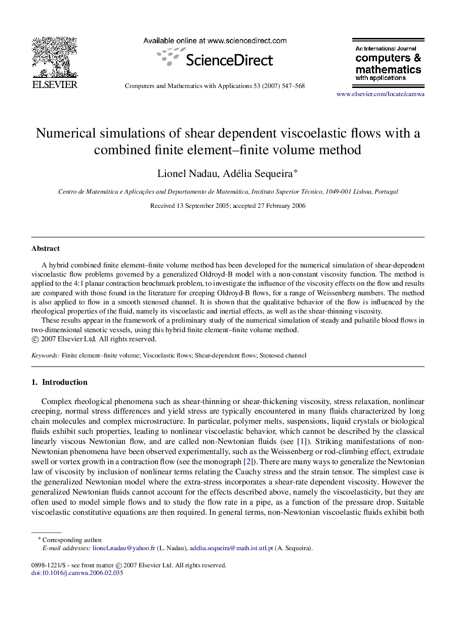 Numerical simulations of shear dependent viscoelastic flows with a combined finite element–finite volume method