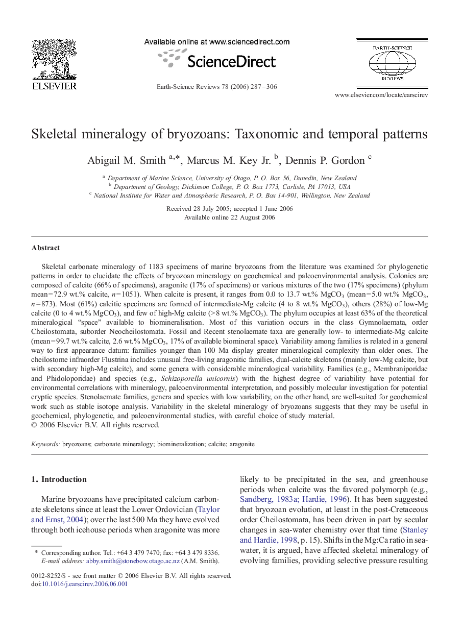 Skeletal mineralogy of bryozoans: Taxonomic and temporal patterns