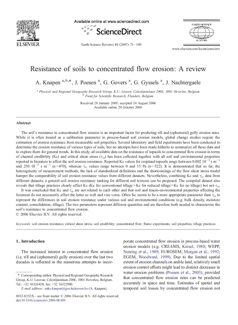 Resistance of soils to concentrated flow erosion: A review