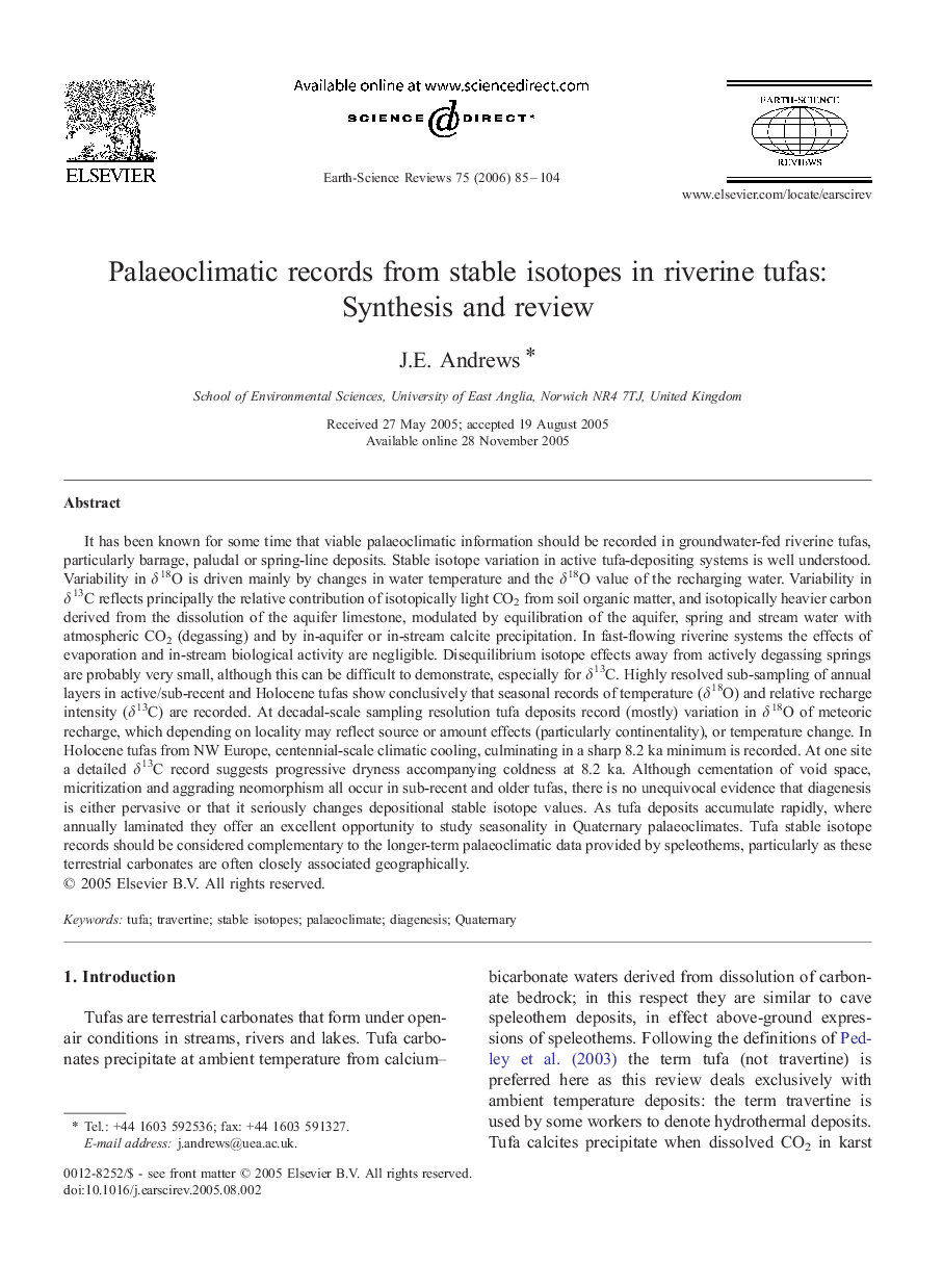 Palaeoclimatic records from stable isotopes in riverine tufas: Synthesis and review