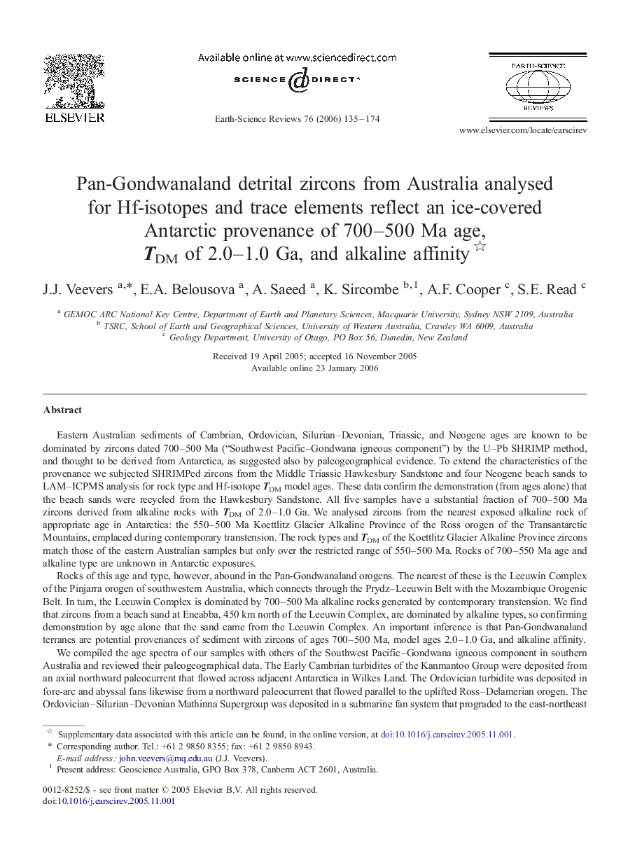 Pan-Gondwanaland detrital zircons from Australia analysed for Hf-isotopes and trace elements reflect an ice-covered Antarctic provenance of 700–500 Ma age, TDM of 2.0–1.0 Ga, and alkaline affinity 