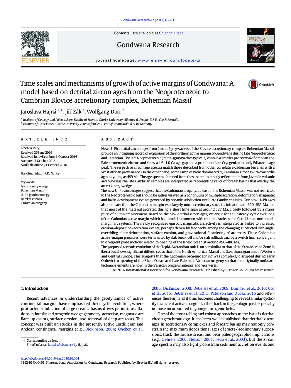 Time scales and mechanisms of growth of active margins of Gondwana: A model based on detrital zircon ages from the Neoproterozoic to Cambrian Blovice accretionary complex, Bohemian Massif