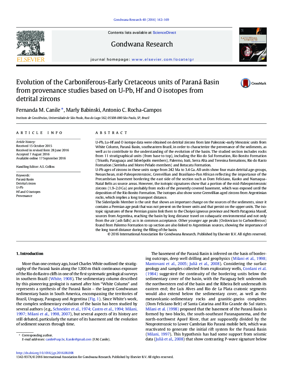 Evolution of the Carboniferous-Early Cretaceous units of Paraná Basin from provenance studies based on U-Pb, Hf and O isotopes from detrital zircons