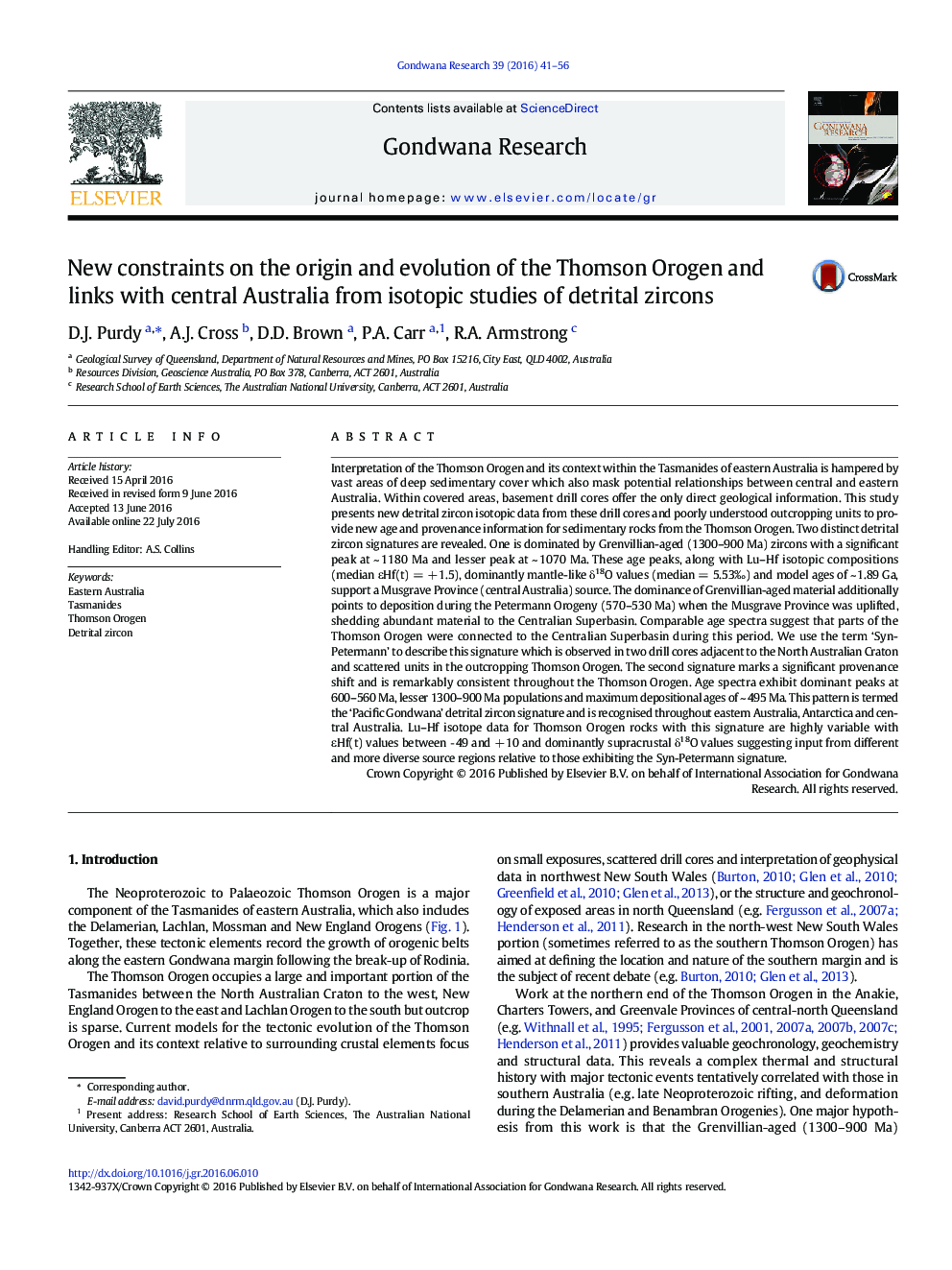 محدودیت های جدید در مبدأ و تکامل تامسون اوروژن و ارتباط با استرالیا مرکزی از مطالعات ایزوتوپ زیرکون های دندانی 