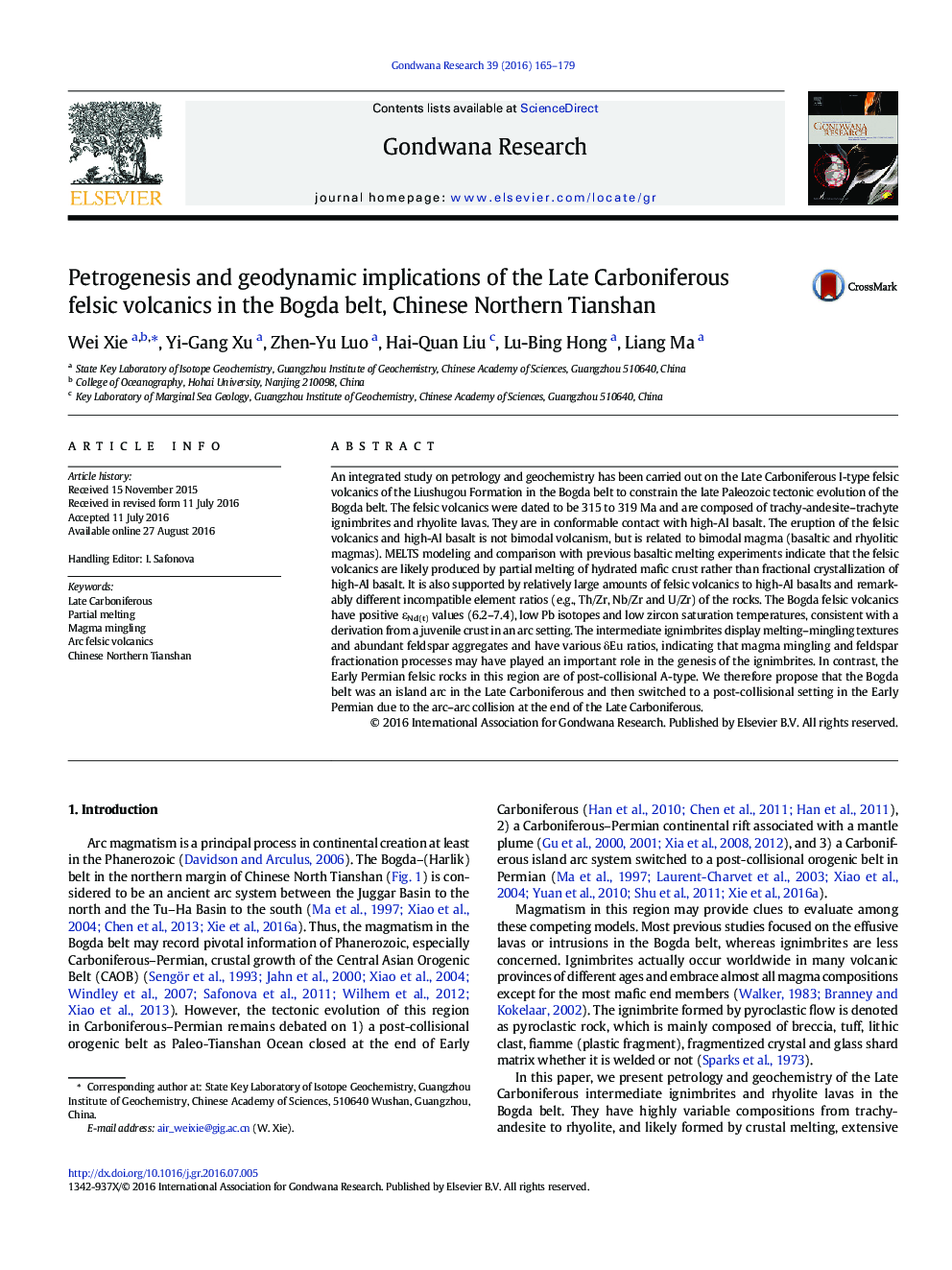 Petrogenesis and geodynamic implications of the Late Carboniferous felsic volcanics in the Bogda belt, Chinese Northern Tianshan