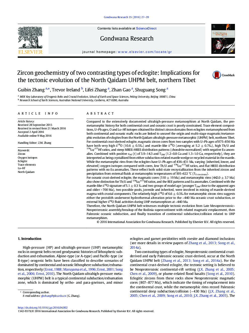 Zircon geochemistry of two contrasting types of eclogite: Implications for the tectonic evolution of the North Qaidam UHPM belt, northern Tibet