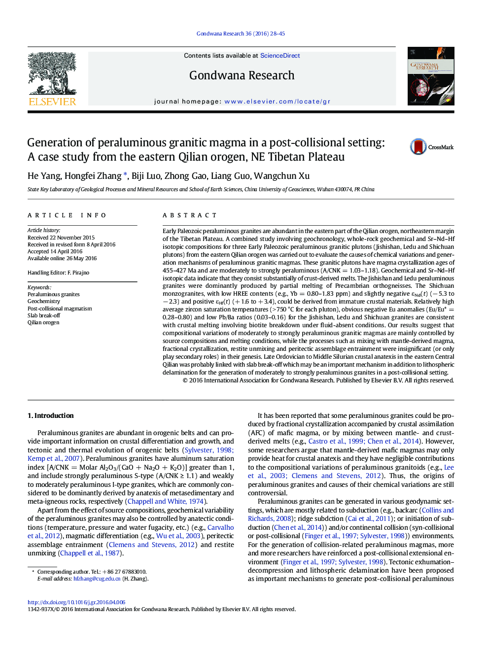 Generation of peraluminous granitic magma in a post-collisional setting: A case study from the eastern Qilian orogen, NE Tibetan Plateau