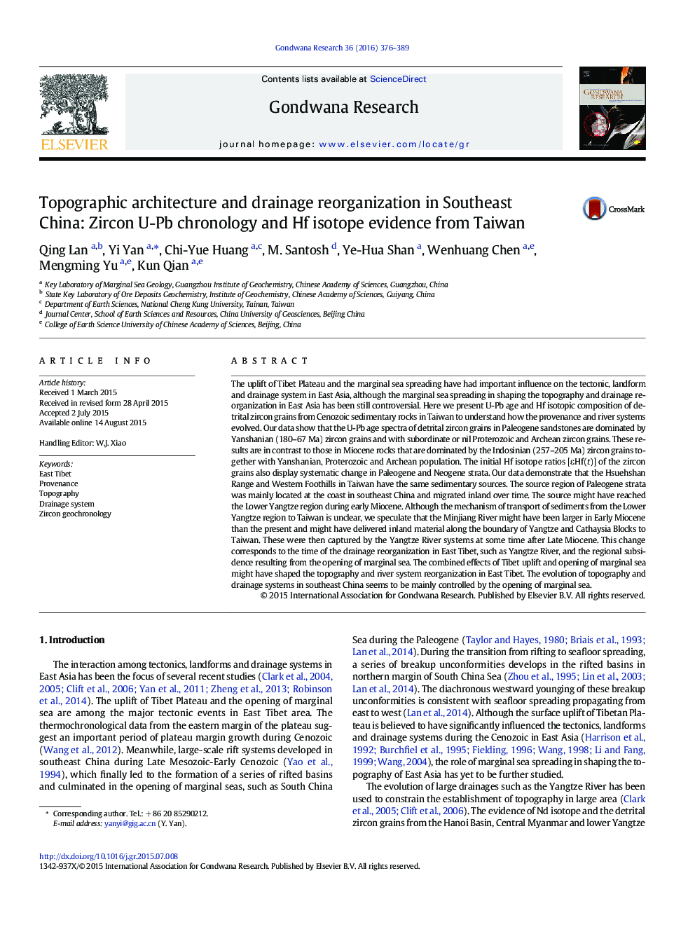 Topographic architecture and drainage reorganization in Southeast China: Zircon U-Pb chronology and Hf isotope evidence from Taiwan