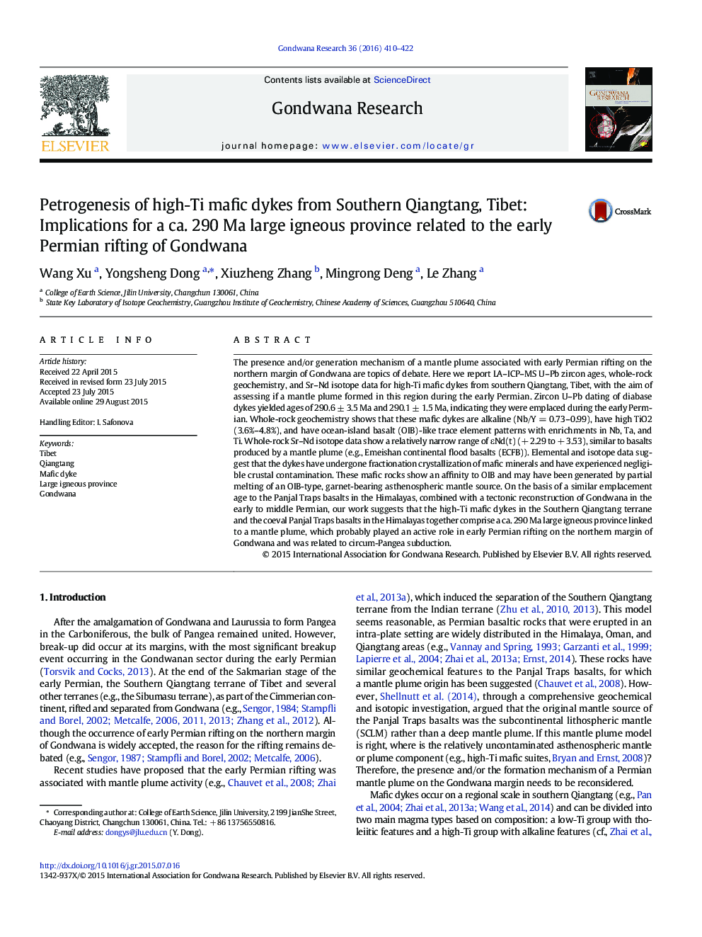 Petrogenesis of high-Ti mafic dykes from Southern Qiangtang, Tibet: Implications for a ca. 290 Ma large igneous province related to the early Permian rifting of Gondwana