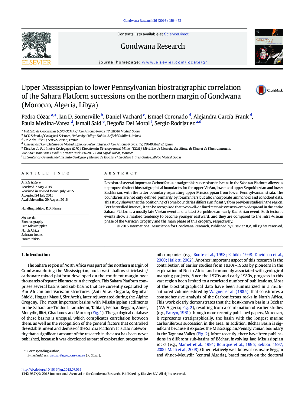 Upper Mississippian to lower Pennsylvanian biostratigraphic correlation of the Sahara Platform successions on the northern margin of Gondwana (Morocco, Algeria, Libya)