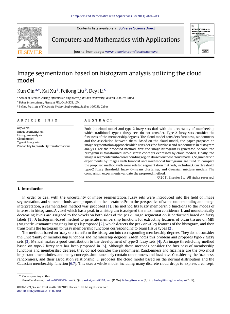 Image segmentation based on histogram analysis utilizing the cloud model