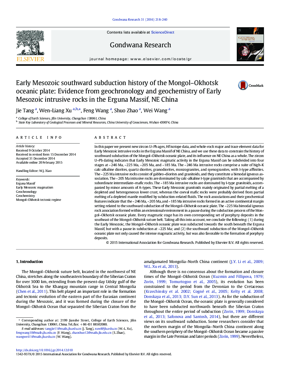 Early Mesozoic southward subduction history of the Mongol–Okhotsk oceanic plate: Evidence from geochronology and geochemistry of Early Mesozoic intrusive rocks in the Erguna Massif, NE China