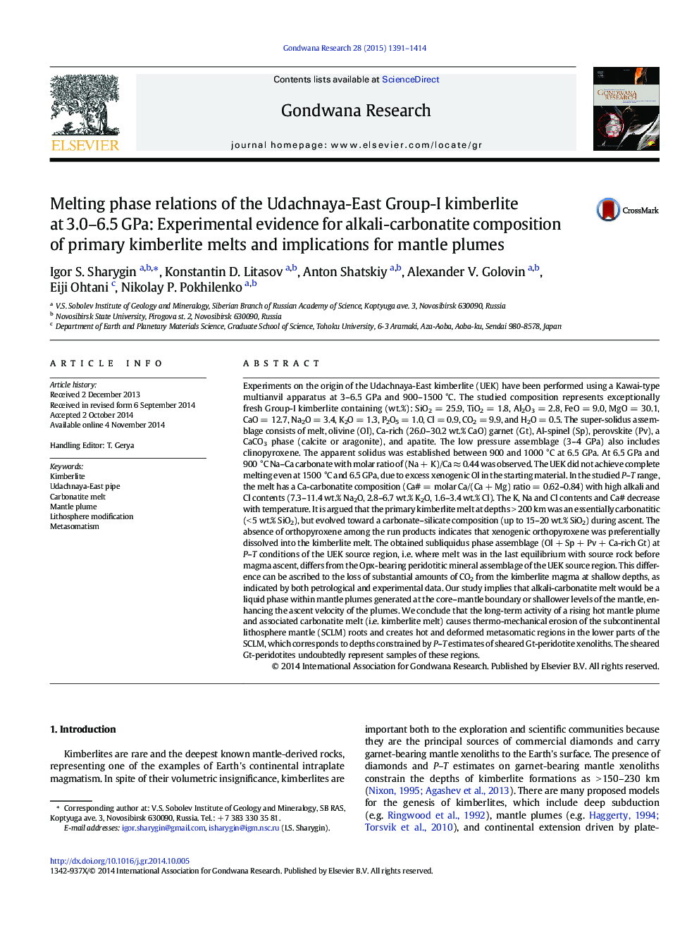 Melting phase relations of the Udachnaya-East Group-I kimberlite at 3.0–6.5 GPa: Experimental evidence for alkali-carbonatite composition of primary kimberlite melts and implications for mantle plumes