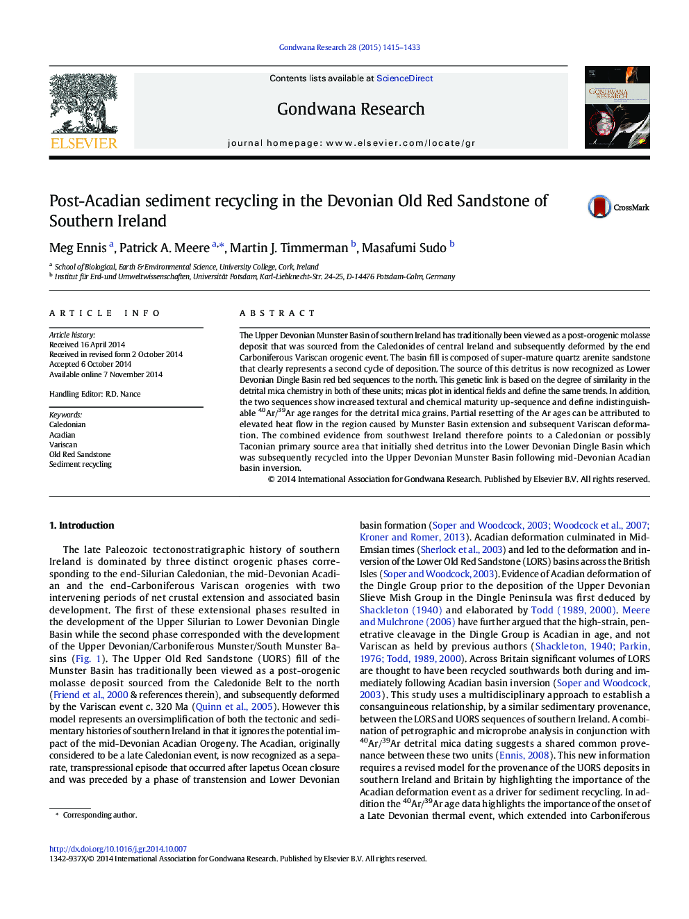 عکس صفحه اول مقاله: Post-Acadian sediment recycling in the Devonian Old Red Sandstone of Southern Ireland Post-Acadian sediment recycling in the Devonian Old Red Sandstone of Southern Ireland