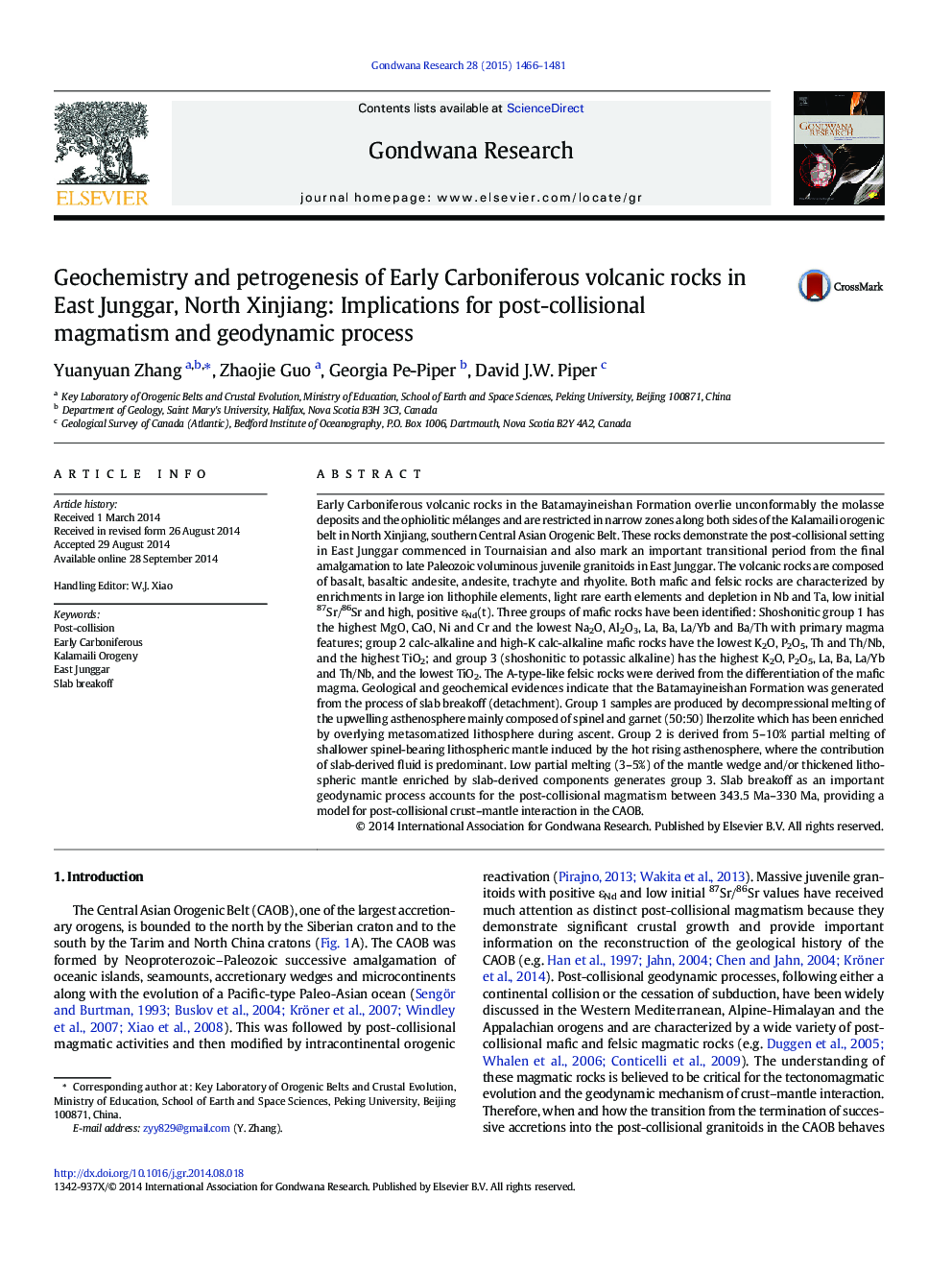 Geochemistry and petrogenesis of Early Carboniferous volcanic rocks in East Junggar, North Xinjiang: Implications for post-collisional magmatism and geodynamic process