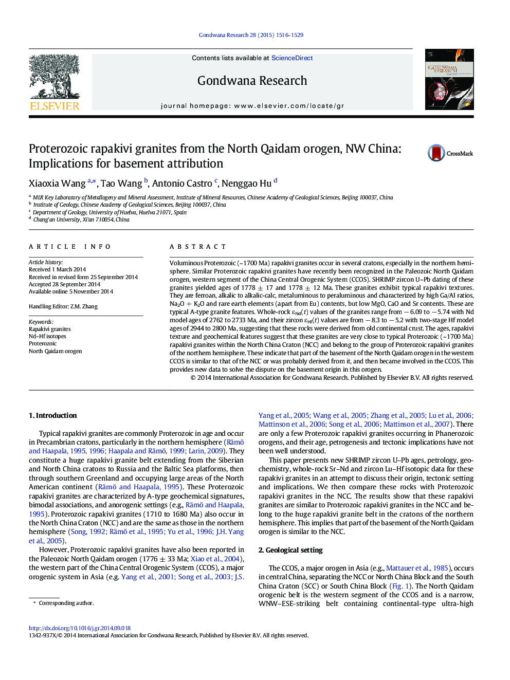 Proterozoic rapakivi granites from the North Qaidam orogen, NW China: Implications for basement attribution
