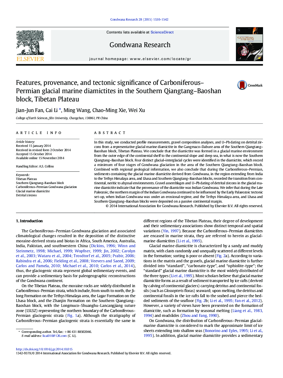 Features, provenance, and tectonic significance of Carboniferous–Permian glacial marine diamictites in the Southern Qiangtang–Baoshan block, Tibetan Plateau