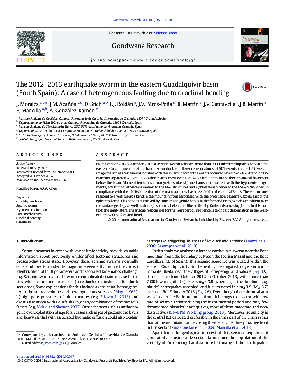 The 2012–2013 earthquake swarm in the eastern Guadalquivir basin (South Spain): A case of heterogeneous faulting due to oroclinal bending