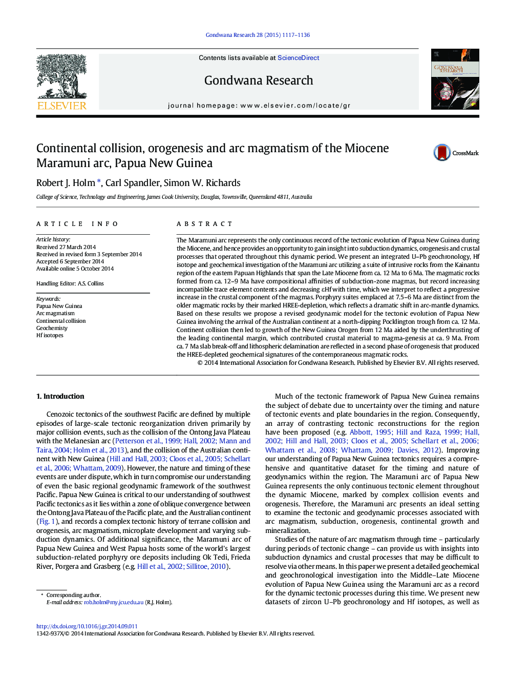 Continental collision, orogenesis and arc magmatism of the Miocene Maramuni arc, Papua New Guinea