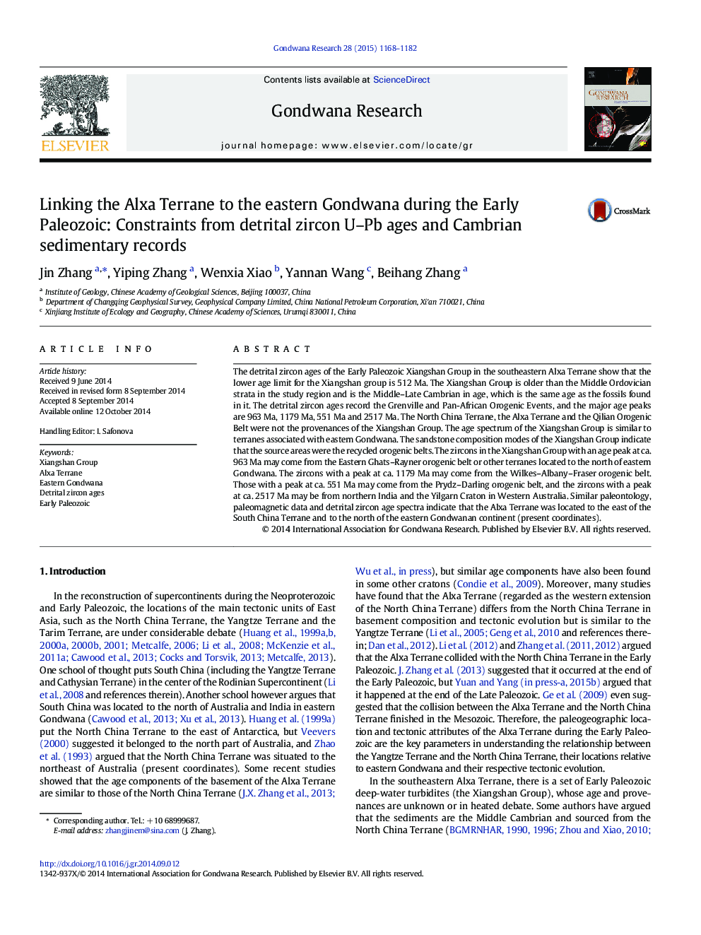 Linking the Alxa Terrane to the eastern Gondwana during the Early Paleozoic: Constraints from detrital zircon U–Pb ages and Cambrian sedimentary records