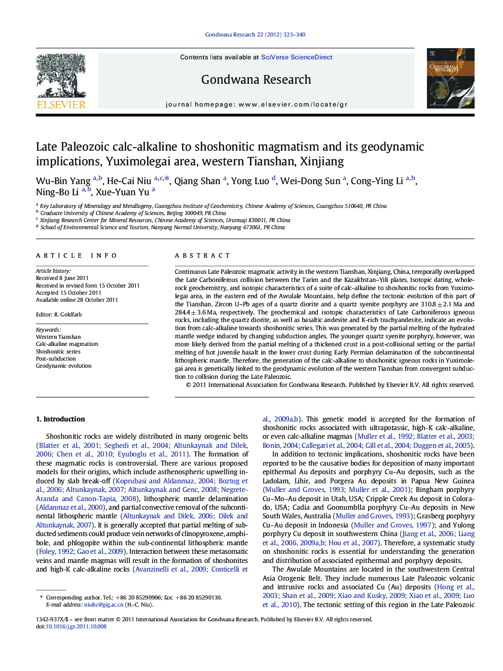 Late Paleozoic calc-alkaline to shoshonitic magmatism and its geodynamic implications, Yuximolegai area, western Tianshan, Xinjiang