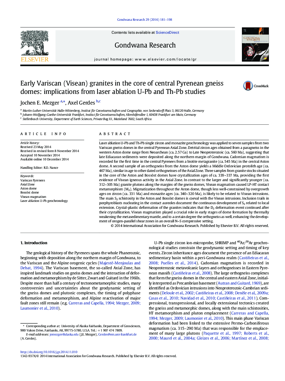 Early Variscan (Visean) granites in the core of central Pyrenean gneiss domes: implications from laser ablation U-Pb and Th-Pb studies