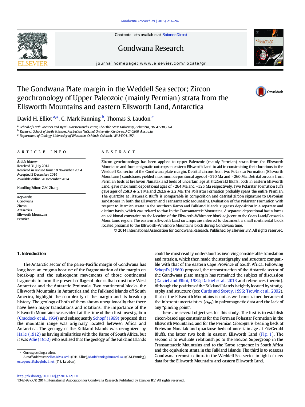 The Gondwana Plate margin in the Weddell Sea sector: Zircon geochronology of Upper Paleozoic (mainly Permian) strata from the Ellsworth Mountains and eastern Ellsworth Land, Antarctica