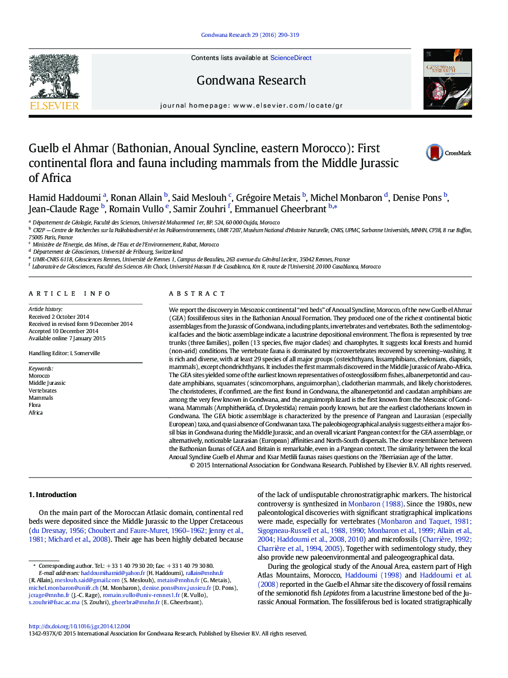 Guelb el Ahmar (Bathonian, Anoual Syncline, eastern Morocco): First continental flora and fauna including mammals from the Middle Jurassic of Africa