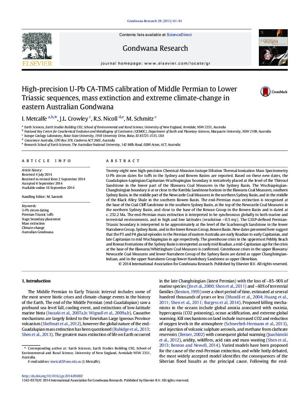 High-precision U-Pb CA-TIMS calibration of Middle Permian to Lower Triassic sequences, mass extinction and extreme climate-change in eastern Australian Gondwana