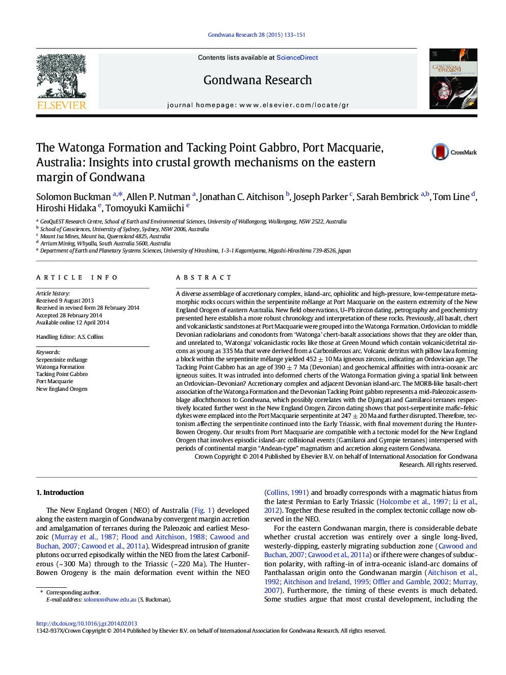 The Watonga Formation and Tacking Point Gabbro, Port Macquarie, Australia: Insights into crustal growth mechanisms on the eastern margin of Gondwana