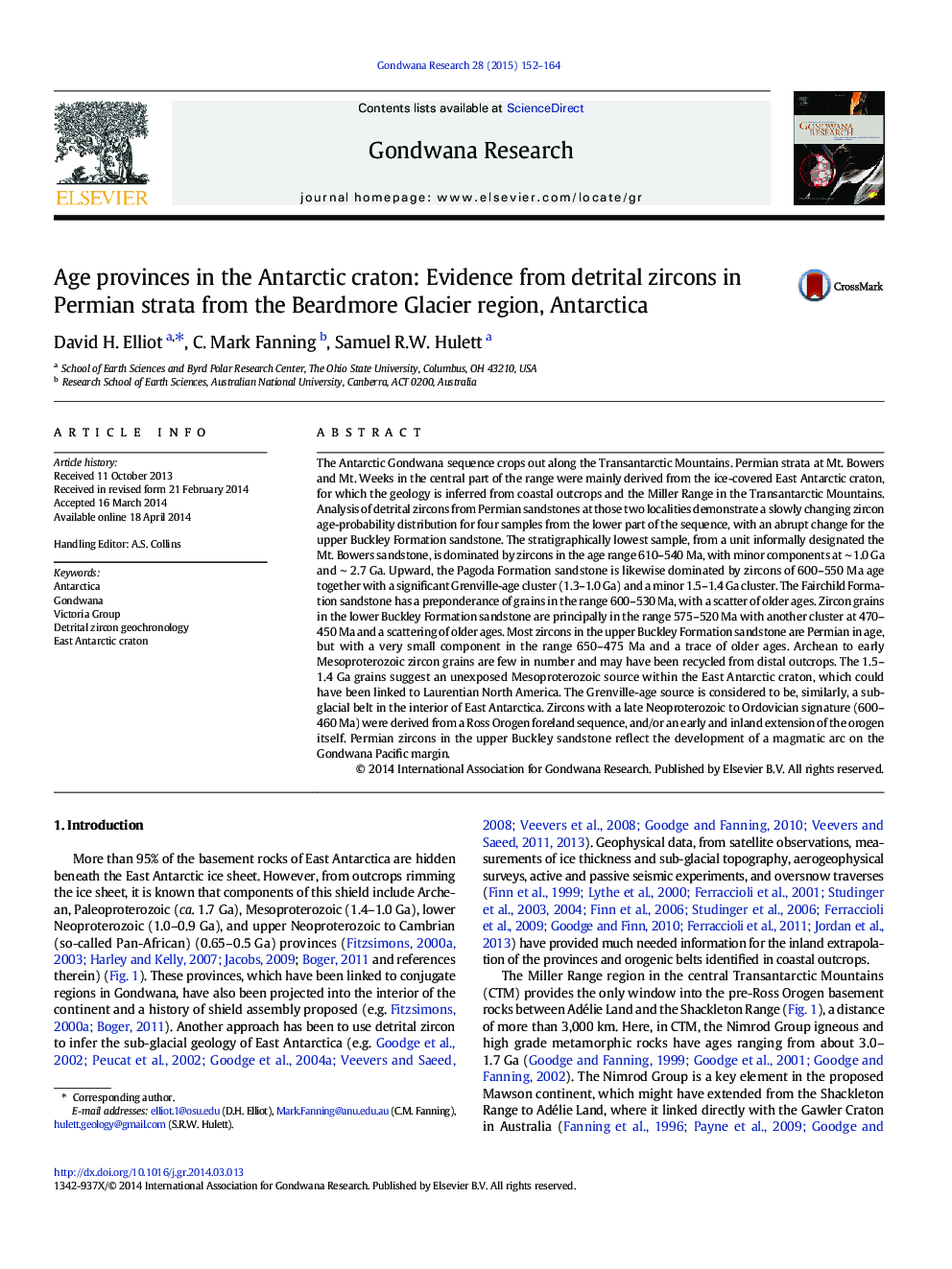 Age provinces in the Antarctic craton: Evidence from detrital zircons in Permian strata from the Beardmore Glacier region, Antarctica