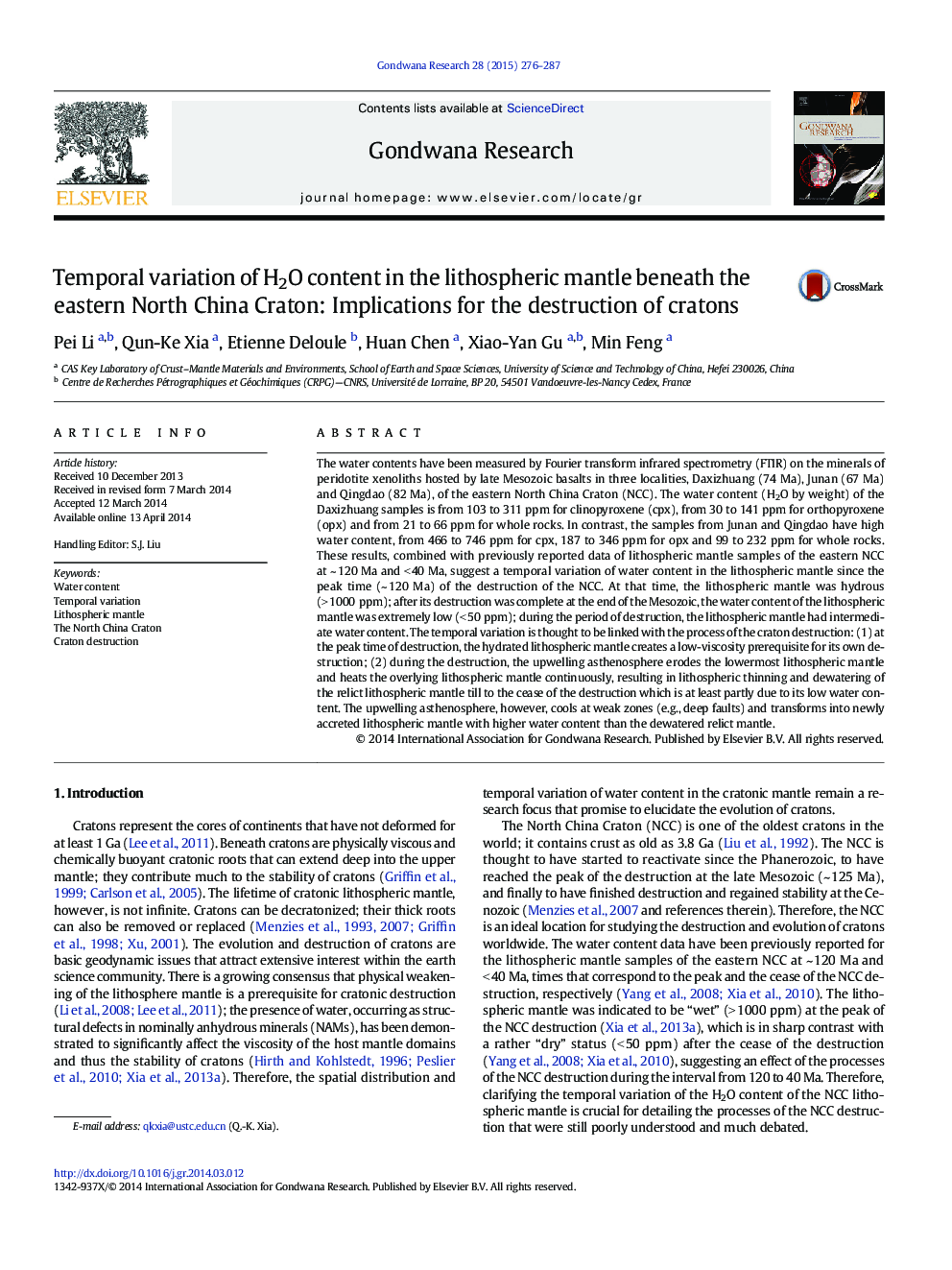 Temporal variation of H2O content in the lithospheric mantle beneath the eastern North China Craton: Implications for the destruction of cratons