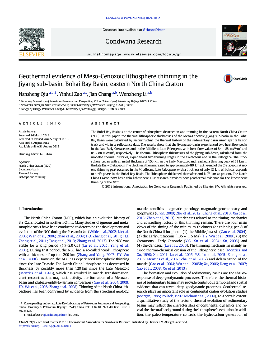 Geothermal evidence of Meso-Cenozoic lithosphere thinning in the Jiyang sub-basin, Bohai Bay Basin, eastern North China Craton