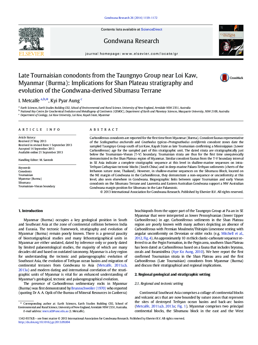 Late Tournaisian conodonts from the Taungnyo Group near Loi Kaw, Myanmar (Burma): Implications for Shan Plateau stratigraphy and evolution of the Gondwana-derived Sibumasu Terrane