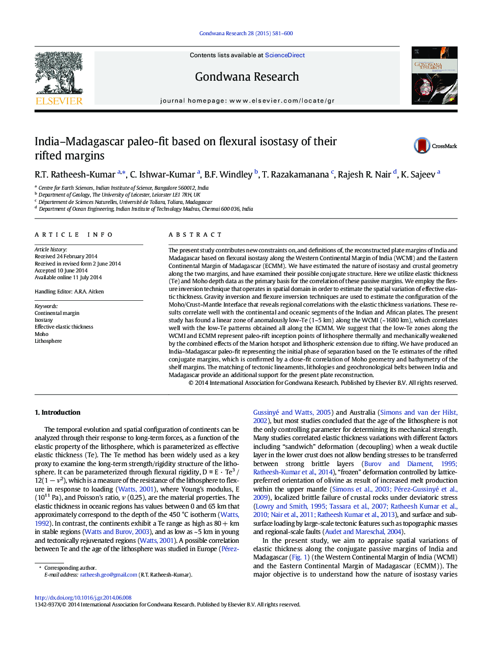 India–Madagascar paleo-fit based on flexural isostasy of their rifted margins