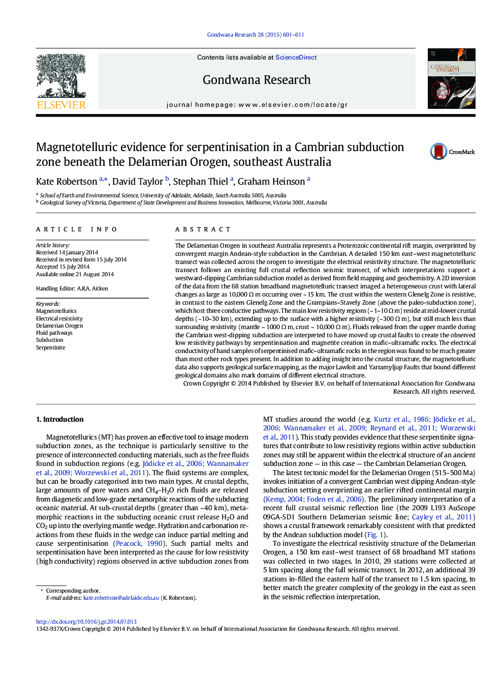 Magnetotelluric evidence for serpentinisation in a Cambrian subduction zone beneath the Delamerian Orogen, southeast Australia