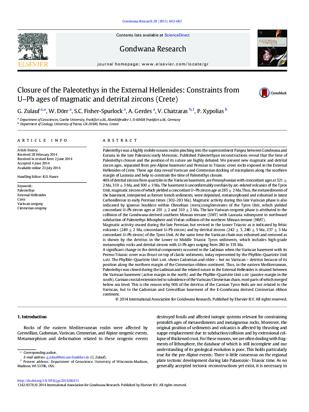 Closure of the Paleotethys in the External Hellenides: Constraints from U–Pb ages of magmatic and detrital zircons (Crete)